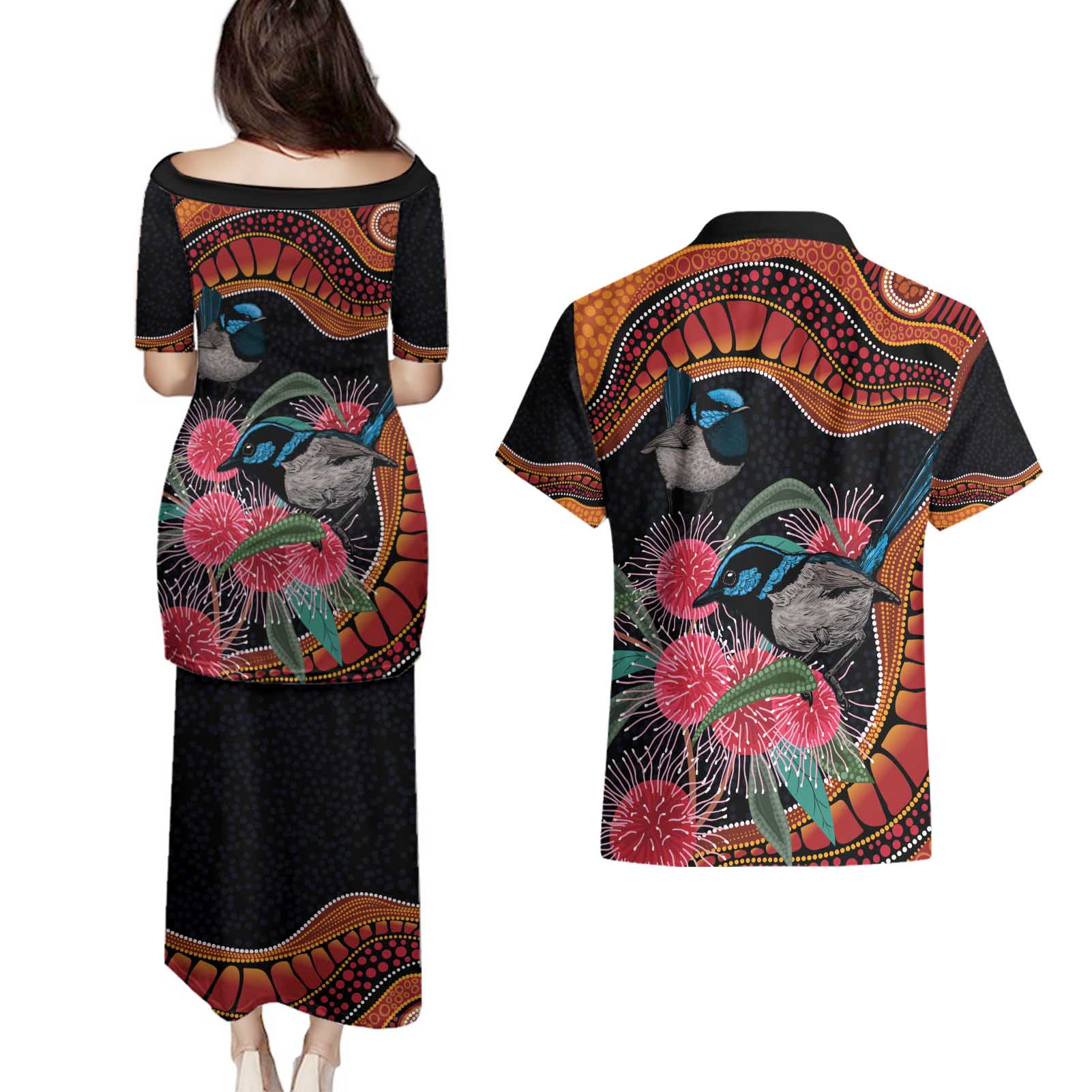 Hakea Flower And Fairy Wren Australia Couples Matching Puletasi and Hawaiian Shirt Aboriginal Art