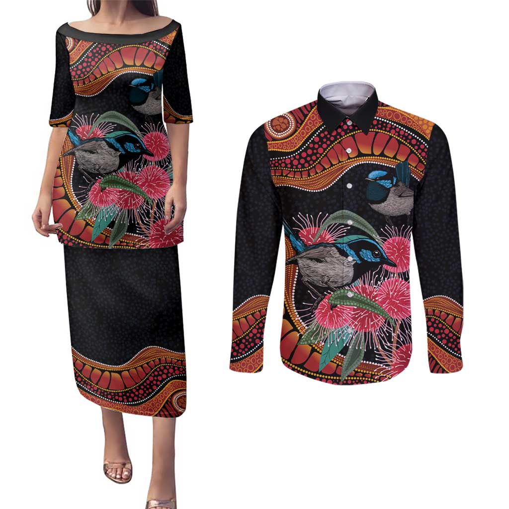 Hakea Flower And Fairy Wren Australia Couples Matching Puletasi and Long Sleeve Button Shirt Aboriginal Art