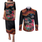 Hakea Flower And Fairy Wren Australia Couples Matching Puletasi and Long Sleeve Button Shirt Aboriginal Art