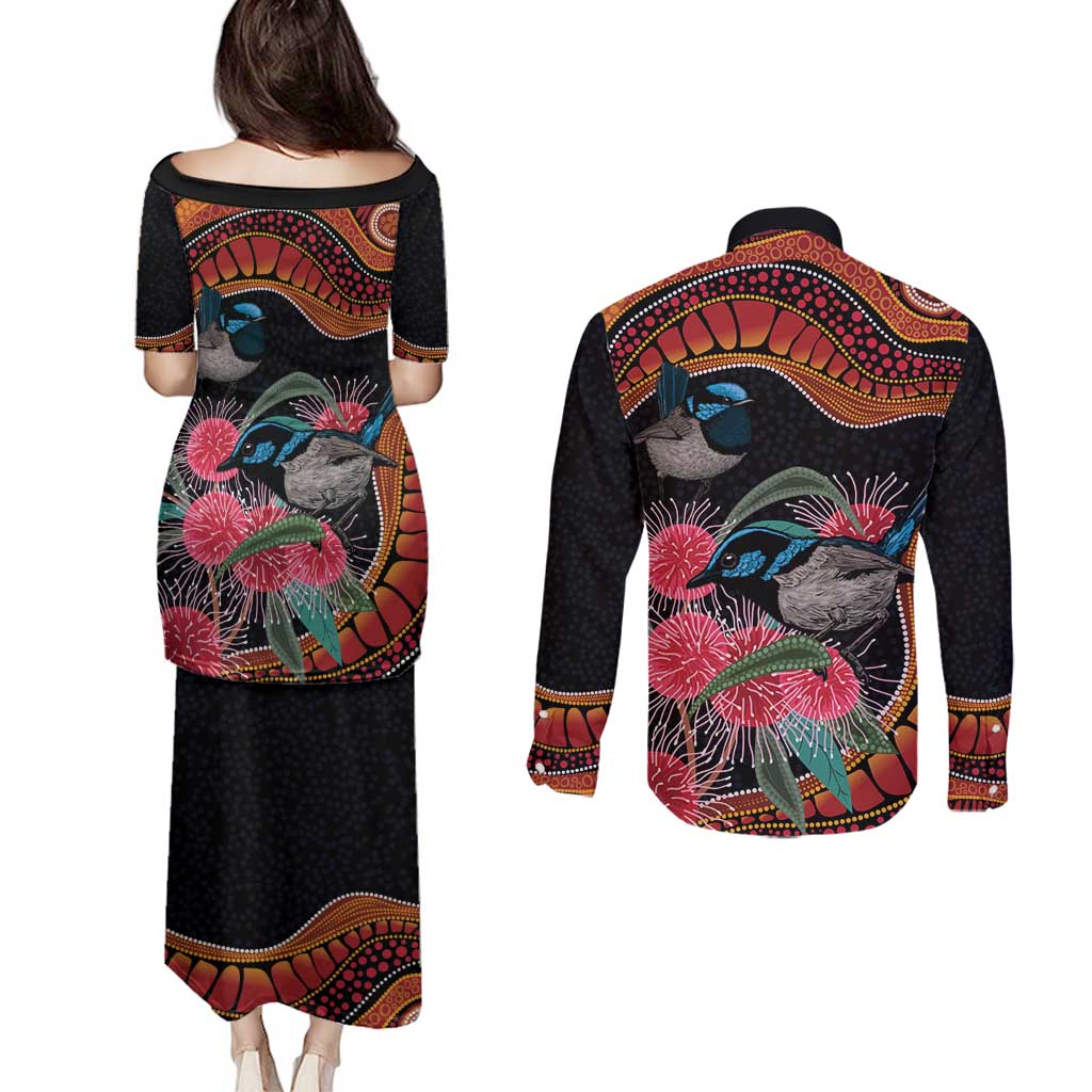 Hakea Flower And Fairy Wren Australia Couples Matching Puletasi and Long Sleeve Button Shirt Aboriginal Art