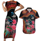 Hakea Flower And Fairy Wren Australia Couples Matching Short Sleeve Bodycon Dress and Hawaiian Shirt Aboriginal Art