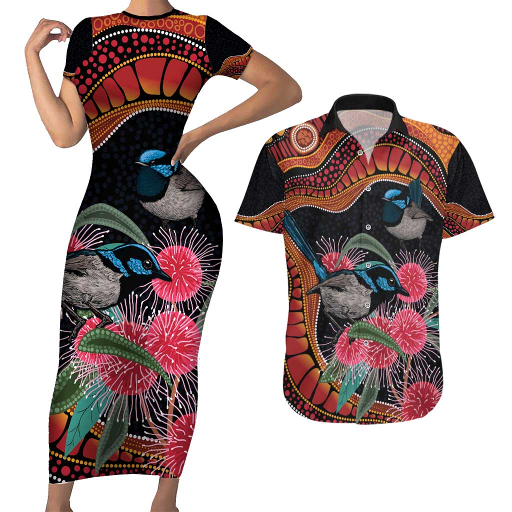 Hakea Flower And Fairy Wren Australia Couples Matching Short Sleeve Bodycon Dress and Hawaiian Shirt Aboriginal Art