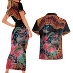 Hakea Flower And Fairy Wren Australia Couples Matching Short Sleeve Bodycon Dress and Hawaiian Shirt Aboriginal Art