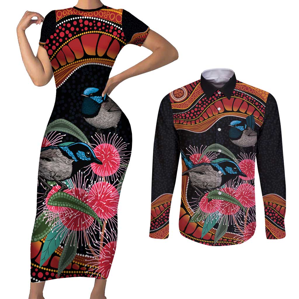Hakea Flower And Fairy Wren Australia Couples Matching Short Sleeve Bodycon Dress and Long Sleeve Button Shirt Aboriginal Art