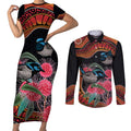 Hakea Flower And Fairy Wren Australia Couples Matching Short Sleeve Bodycon Dress and Long Sleeve Button Shirt Aboriginal Art