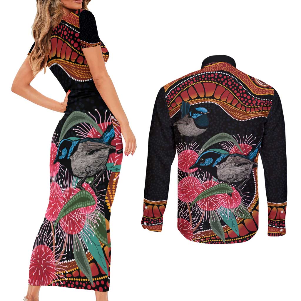 Hakea Flower And Fairy Wren Australia Couples Matching Short Sleeve Bodycon Dress and Long Sleeve Button Shirt Aboriginal Art
