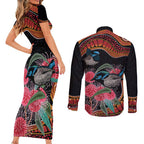 Hakea Flower And Fairy Wren Australia Couples Matching Short Sleeve Bodycon Dress and Long Sleeve Button Shirt Aboriginal Art