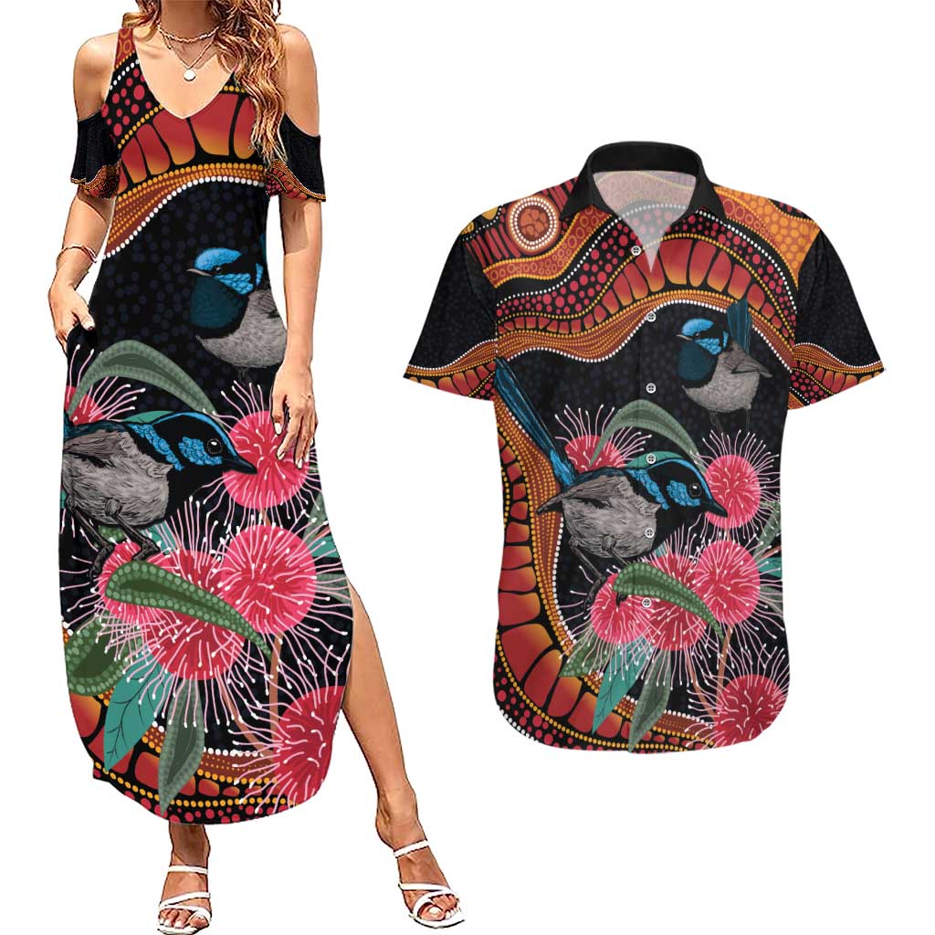 Hakea Flower And Fairy Wren Australia Couples Matching Summer Maxi Dress and Hawaiian Shirt Aboriginal Art