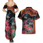 Hakea Flower And Fairy Wren Australia Couples Matching Summer Maxi Dress and Hawaiian Shirt Aboriginal Art