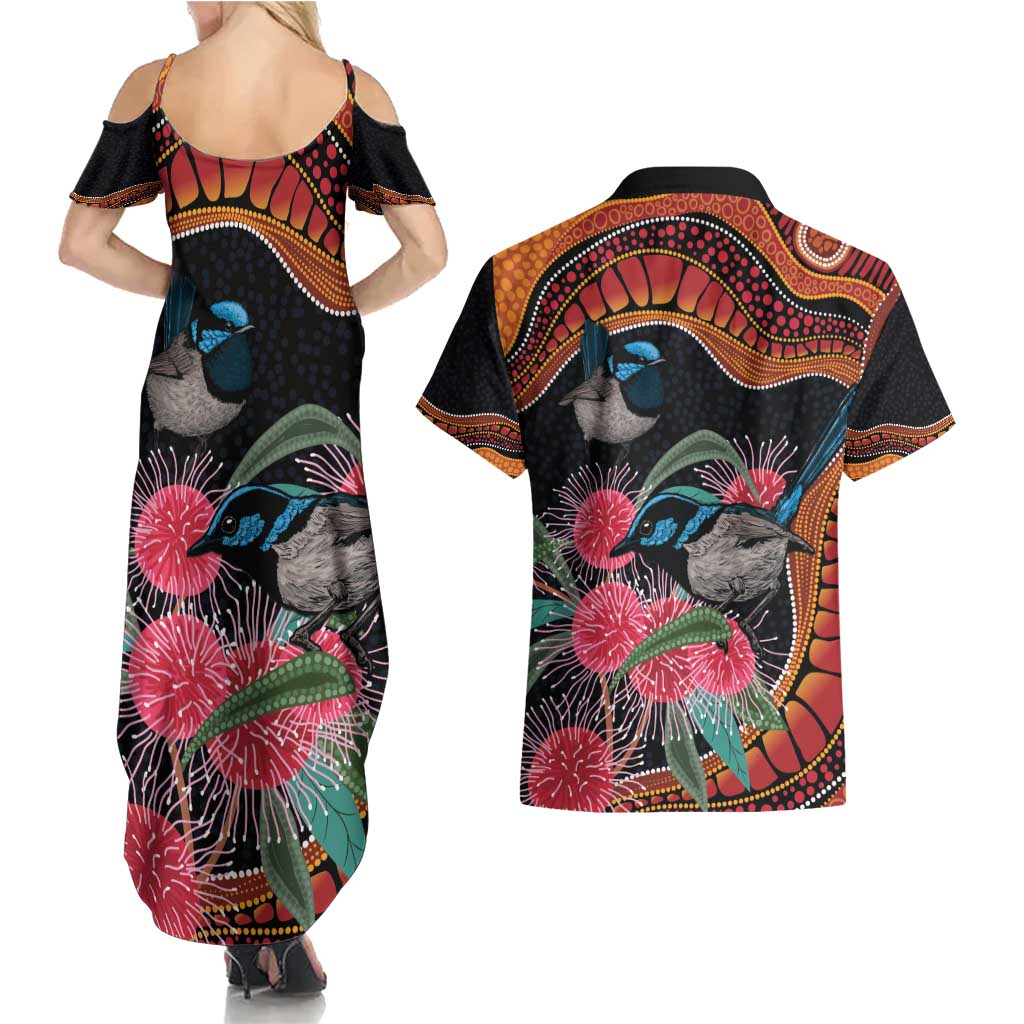 Hakea Flower And Fairy Wren Australia Couples Matching Summer Maxi Dress and Hawaiian Shirt Aboriginal Art
