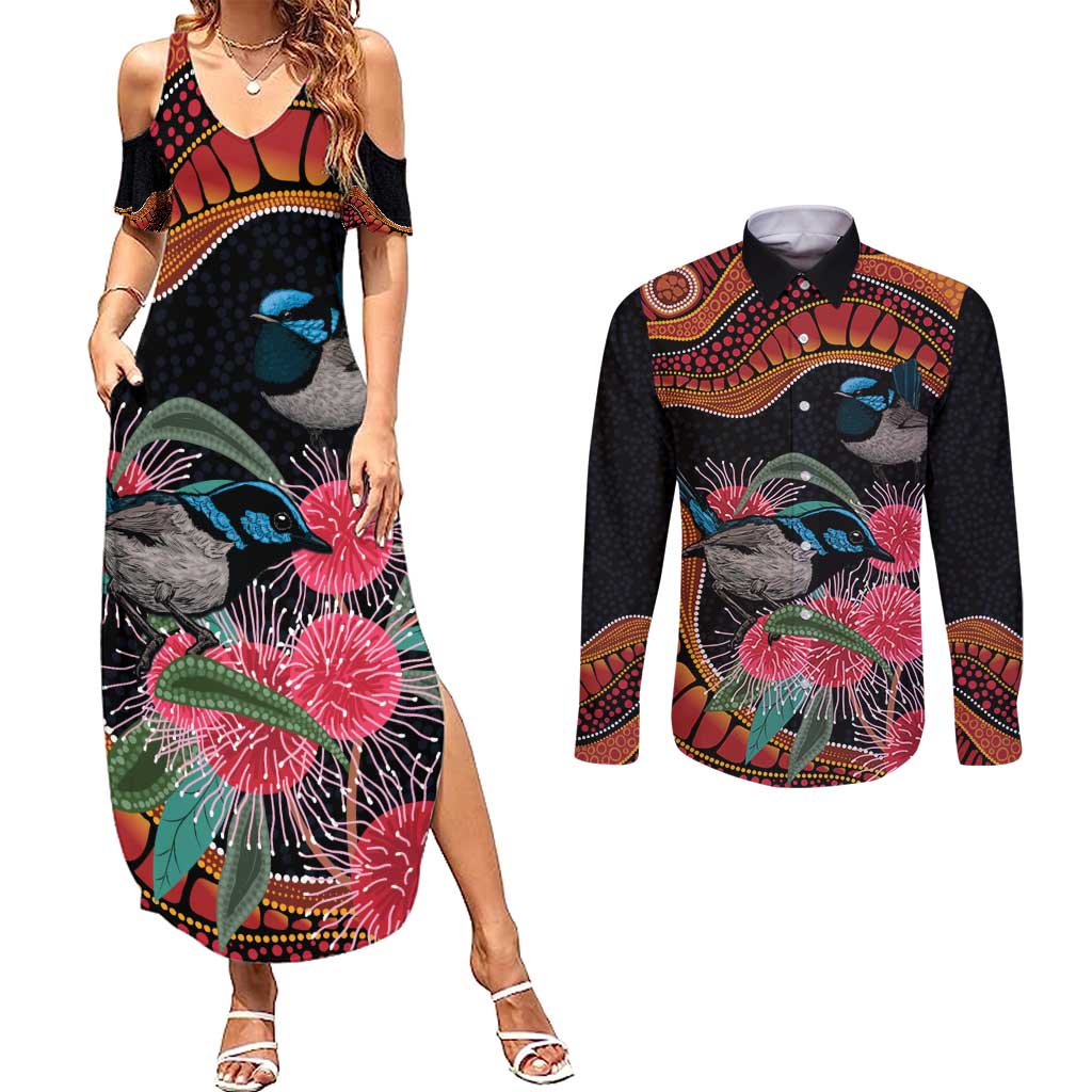 Hakea Flower And Fairy Wren Australia Couples Matching Summer Maxi Dress and Long Sleeve Button Shirt Aboriginal Art
