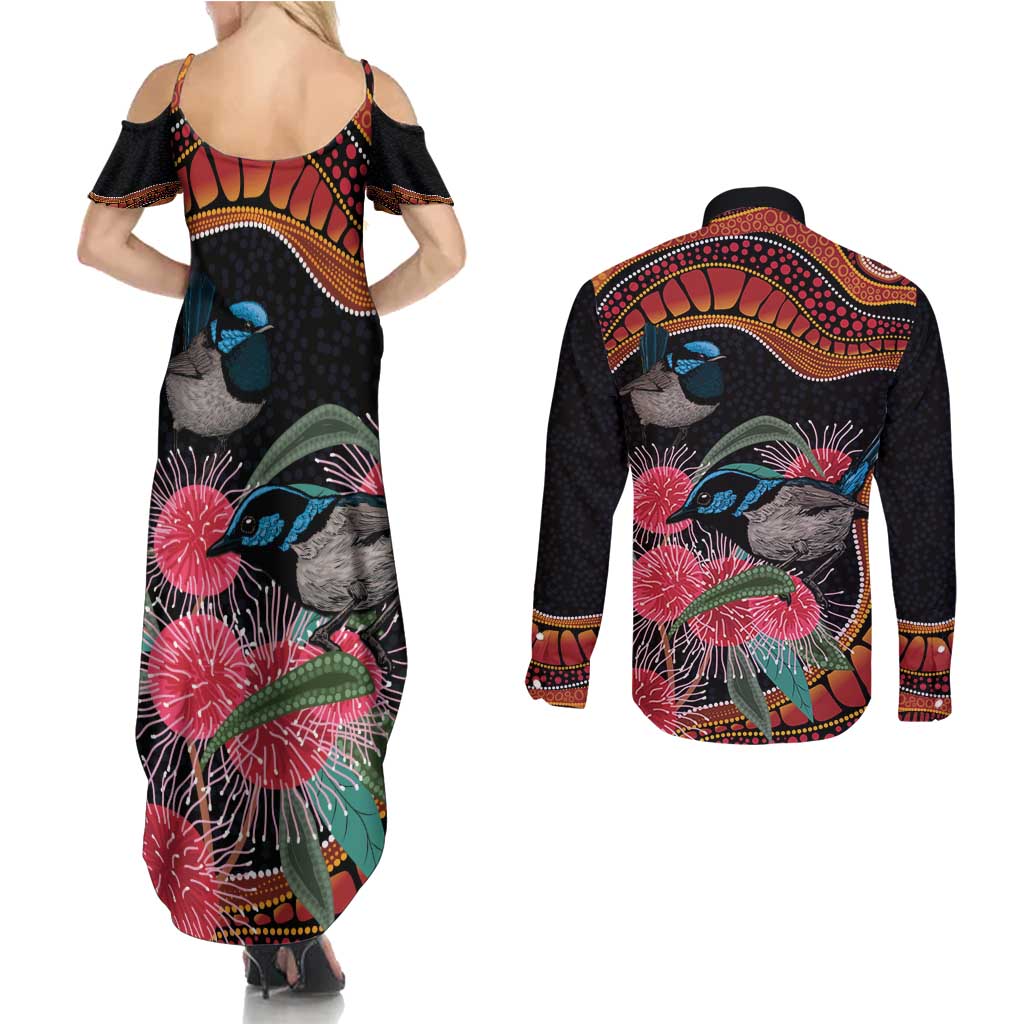 Hakea Flower And Fairy Wren Australia Couples Matching Summer Maxi Dress and Long Sleeve Button Shirt Aboriginal Art