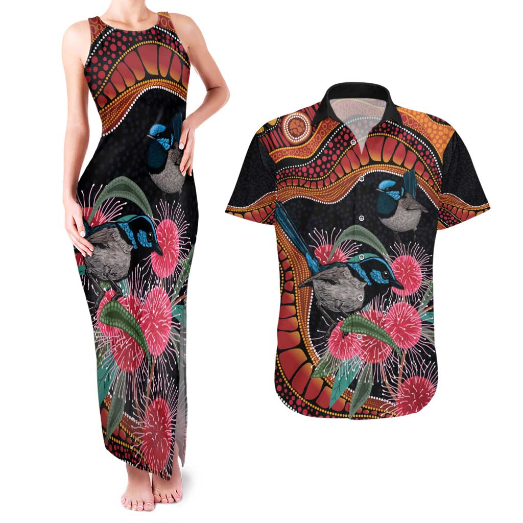 Hakea Flower And Fairy Wren Australia Couples Matching Tank Maxi Dress and Hawaiian Shirt Aboriginal Art