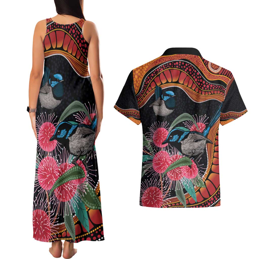 Hakea Flower And Fairy Wren Australia Couples Matching Tank Maxi Dress and Hawaiian Shirt Aboriginal Art