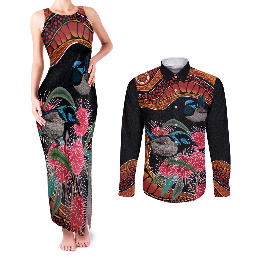 Hakea Flower And Fairy Wren Australia Couples Matching Tank Maxi Dress and Long Sleeve Button Shirt Aboriginal Art
