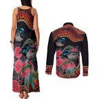 Hakea Flower And Fairy Wren Australia Couples Matching Tank Maxi Dress and Long Sleeve Button Shirt Aboriginal Art
