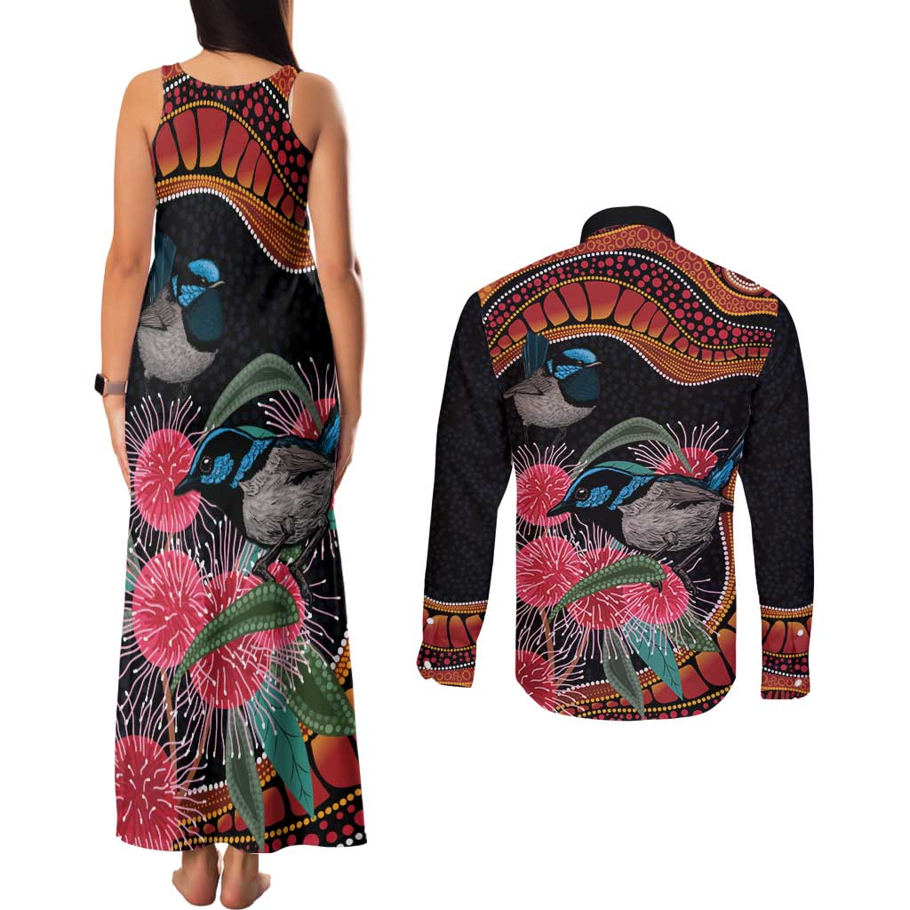 Hakea Flower And Fairy Wren Australia Couples Matching Tank Maxi Dress and Long Sleeve Button Shirt Aboriginal Art