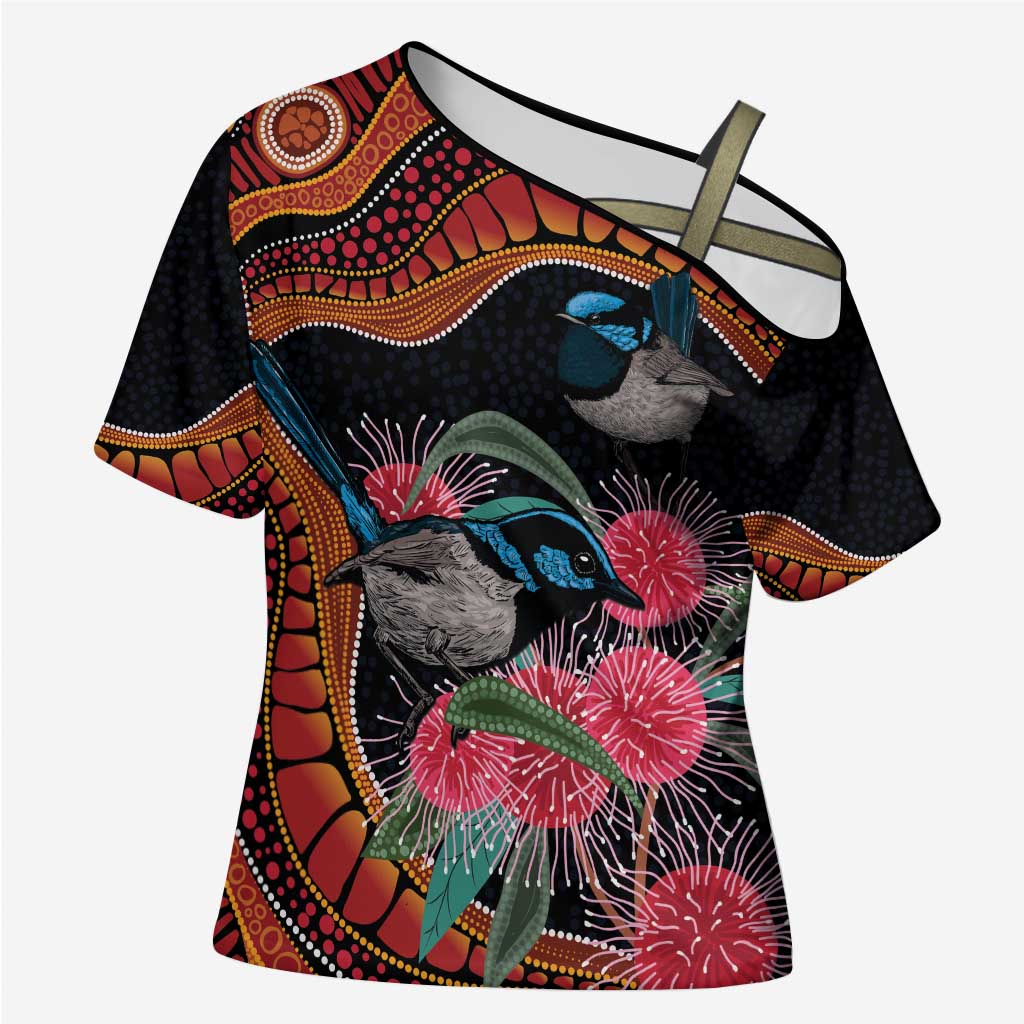 Hakea Flower And Fairy Wren Australia Cross Shoulder Shirt Aboriginal Art - Aussie Hoodie