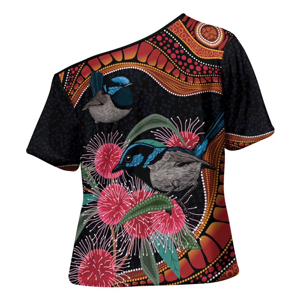 Hakea Flower And Fairy Wren Australia Cross Shoulder Shirt Aboriginal Art - Aussie Hoodie