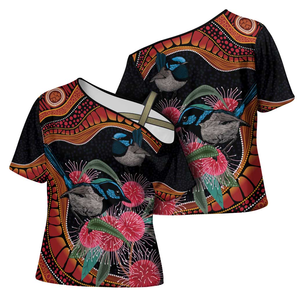 Hakea Flower And Fairy Wren Australia Cross Shoulder Shirt Aboriginal Art - Aussie Hoodie