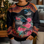 Hakea Flower And Fairy Wren Australia Kid Ugly Christmas Sweater Aboriginal Art