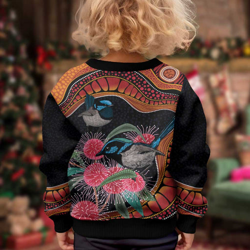 Hakea Flower And Fairy Wren Australia Kid Ugly Christmas Sweater Aboriginal Art