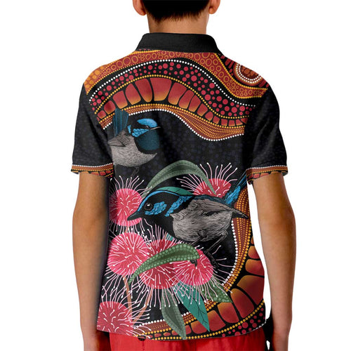 Hakea Flower And Fairy Wren Australia Kid Polo Shirt Aboriginal Art