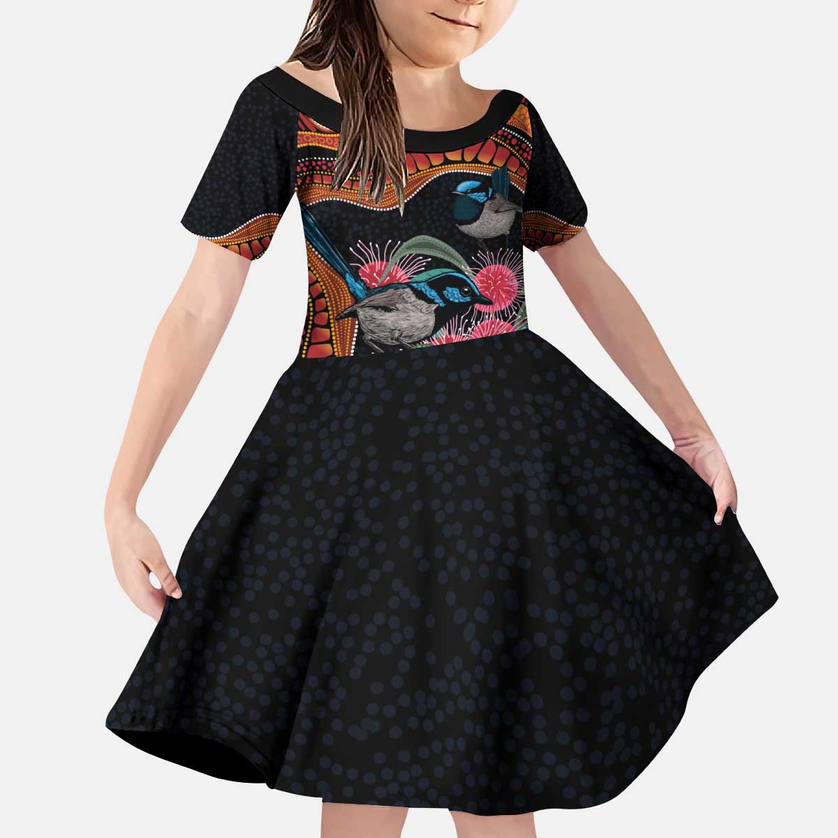 Hakea Flower And Fairy Wren Australia Kid Short Sleeve Dress Aboriginal Art