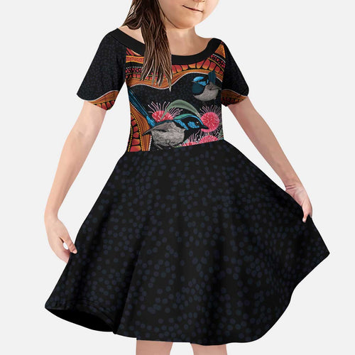 Hakea Flower And Fairy Wren Australia Kid Short Sleeve Dress Aboriginal Art