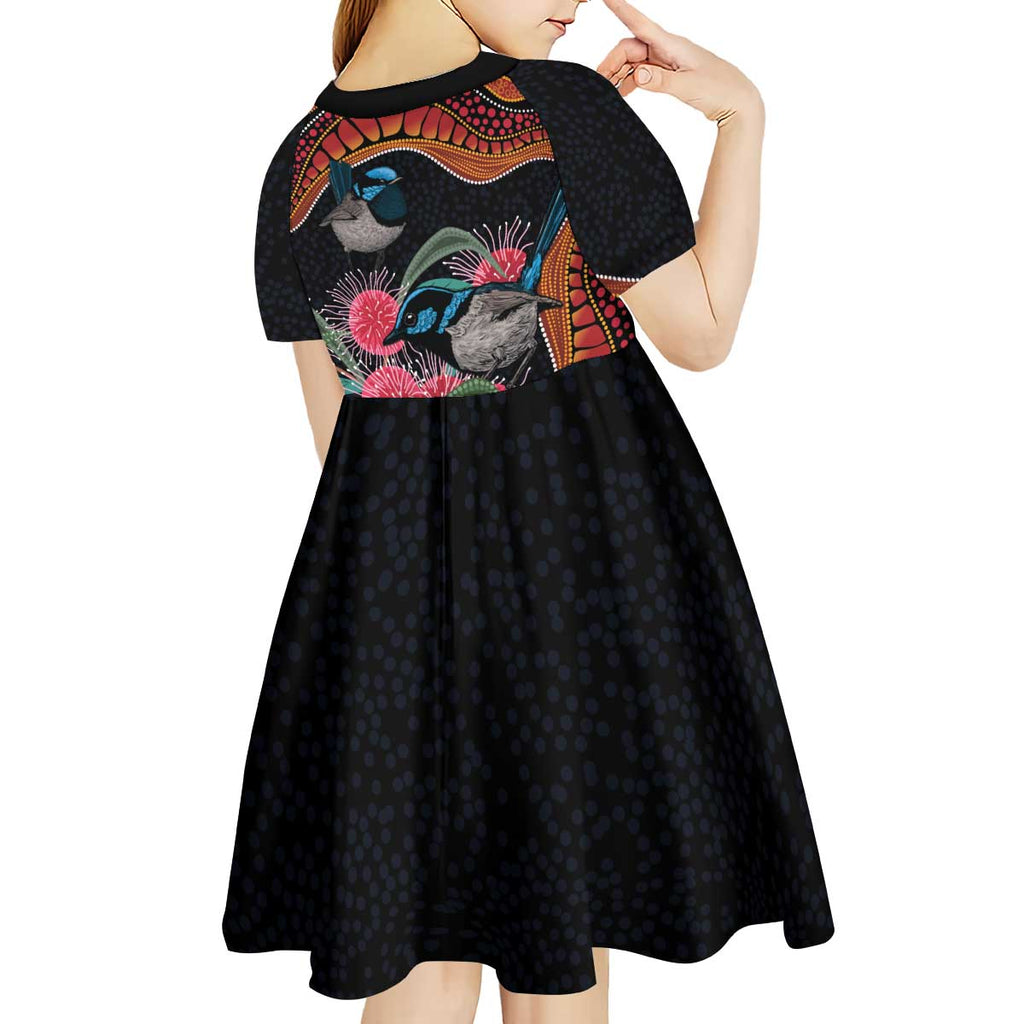 Hakea Flower And Fairy Wren Australia Kid Short Sleeve Dress Aboriginal Art