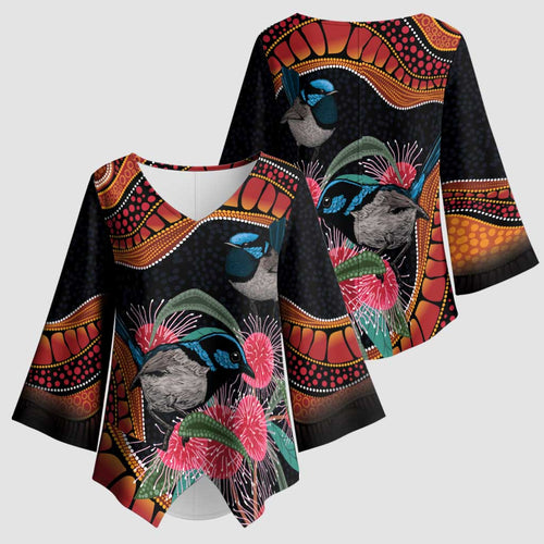 Hakea Flower And Fairy Wren Australia Kimono Sleeve Blouse Aboriginal Art - Aussie Hoodie