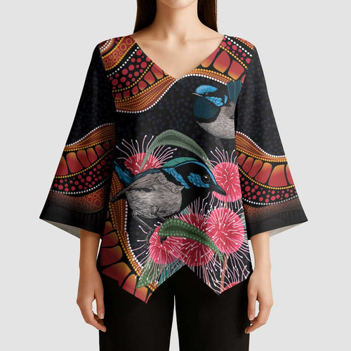 Hakea Flower And Fairy Wren Australia Kimono Sleeve Blouse Aboriginal Art - Aussie Hoodie