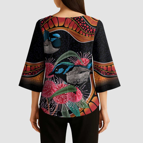 Hakea Flower And Fairy Wren Australia Kimono Sleeve Blouse Aboriginal Art - Aussie Hoodie