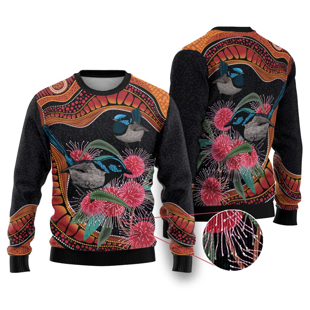 Hakea Flower And Fairy Wren Australia Ugly Christmas Sweater Aboriginal Art