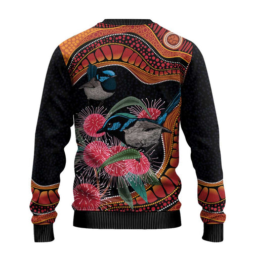 Hakea Flower And Fairy Wren Australia Ugly Christmas Sweater Aboriginal Art