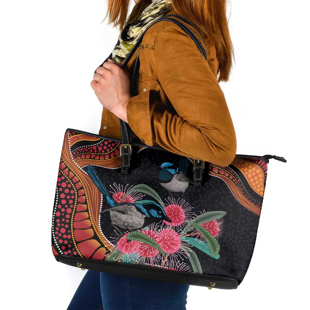 Hakea Flower And Fairy Wren Australia Leather Tote Bag Aboriginal Art