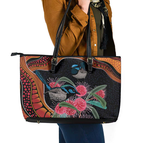 Hakea Flower And Fairy Wren Australia Leather Tote Bag Aboriginal Art