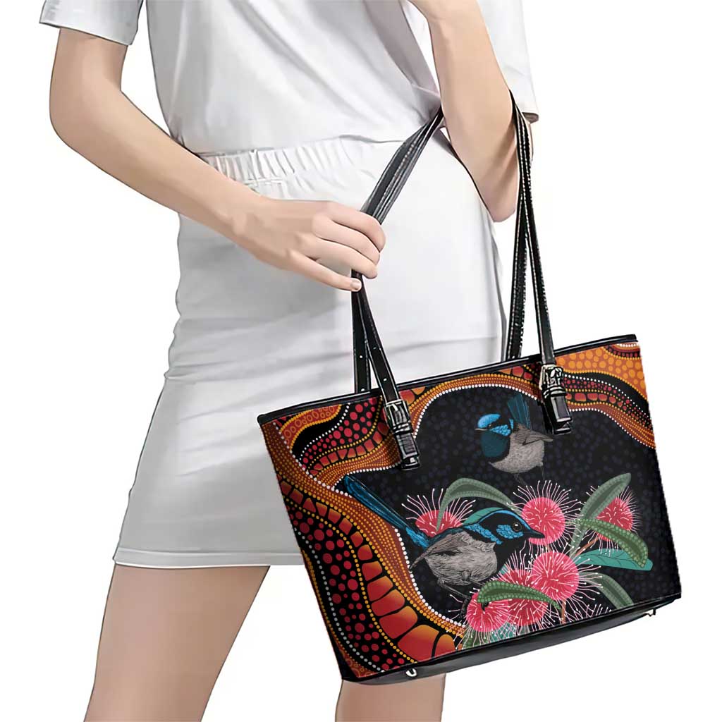 Hakea Flower And Fairy Wren Australia Leather Tote Bag Aboriginal Art