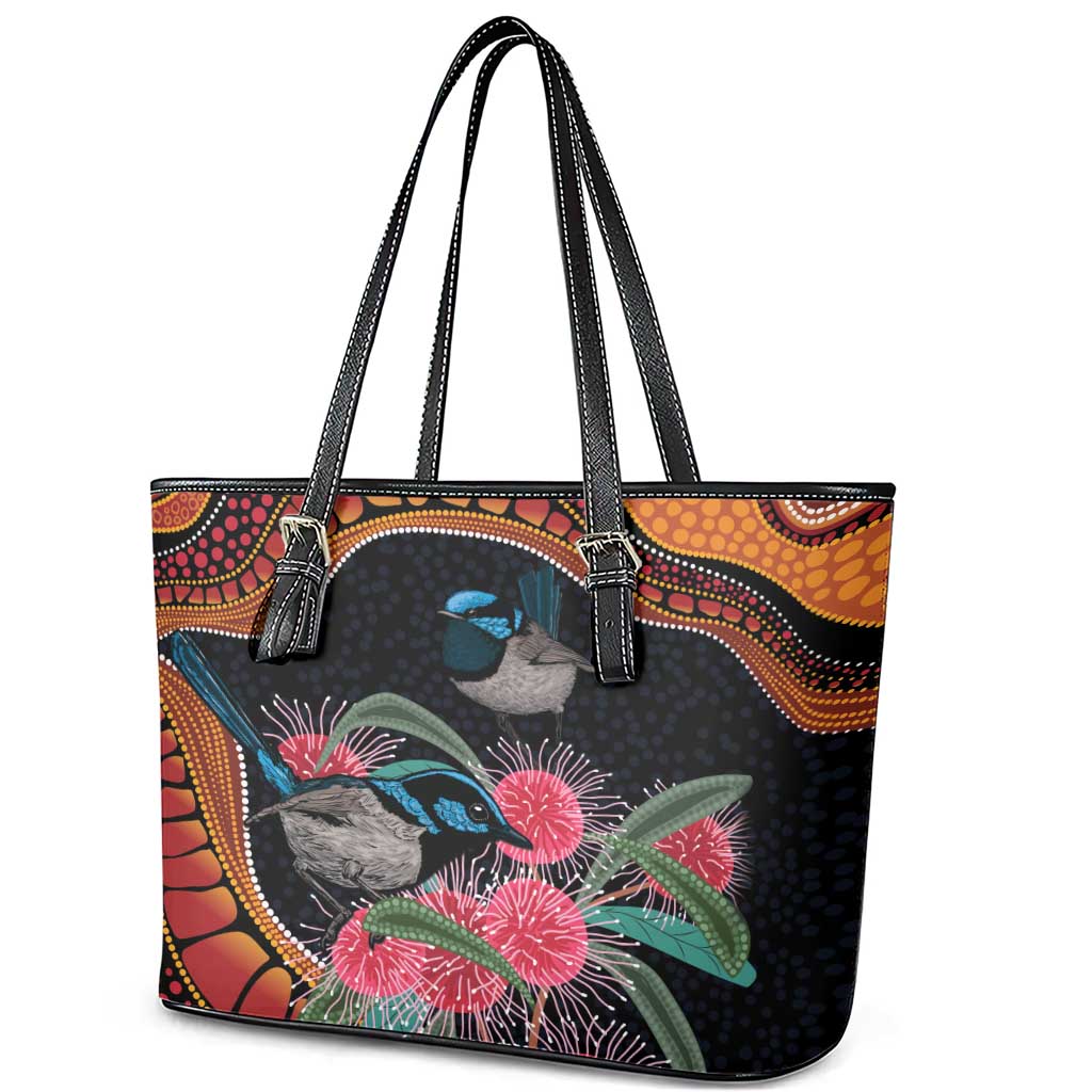 Hakea Flower And Fairy Wren Australia Leather Tote Bag Aboriginal Art