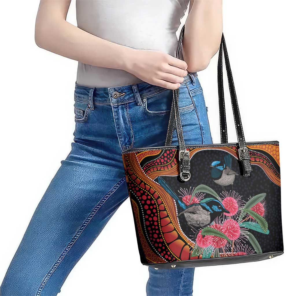 Hakea Flower And Fairy Wren Australia Leather Tote Bag Aboriginal Art