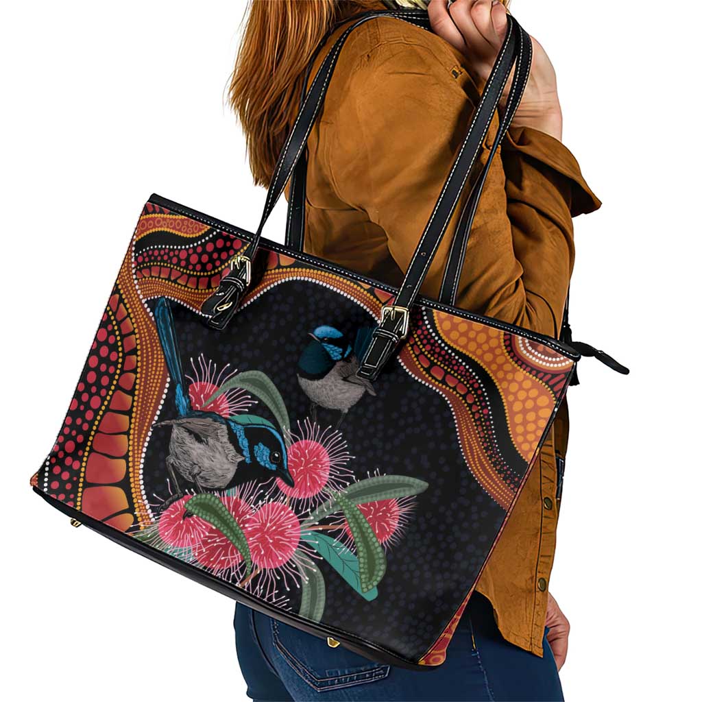 Hakea Flower And Fairy Wren Australia Leather Tote Bag Aboriginal Art