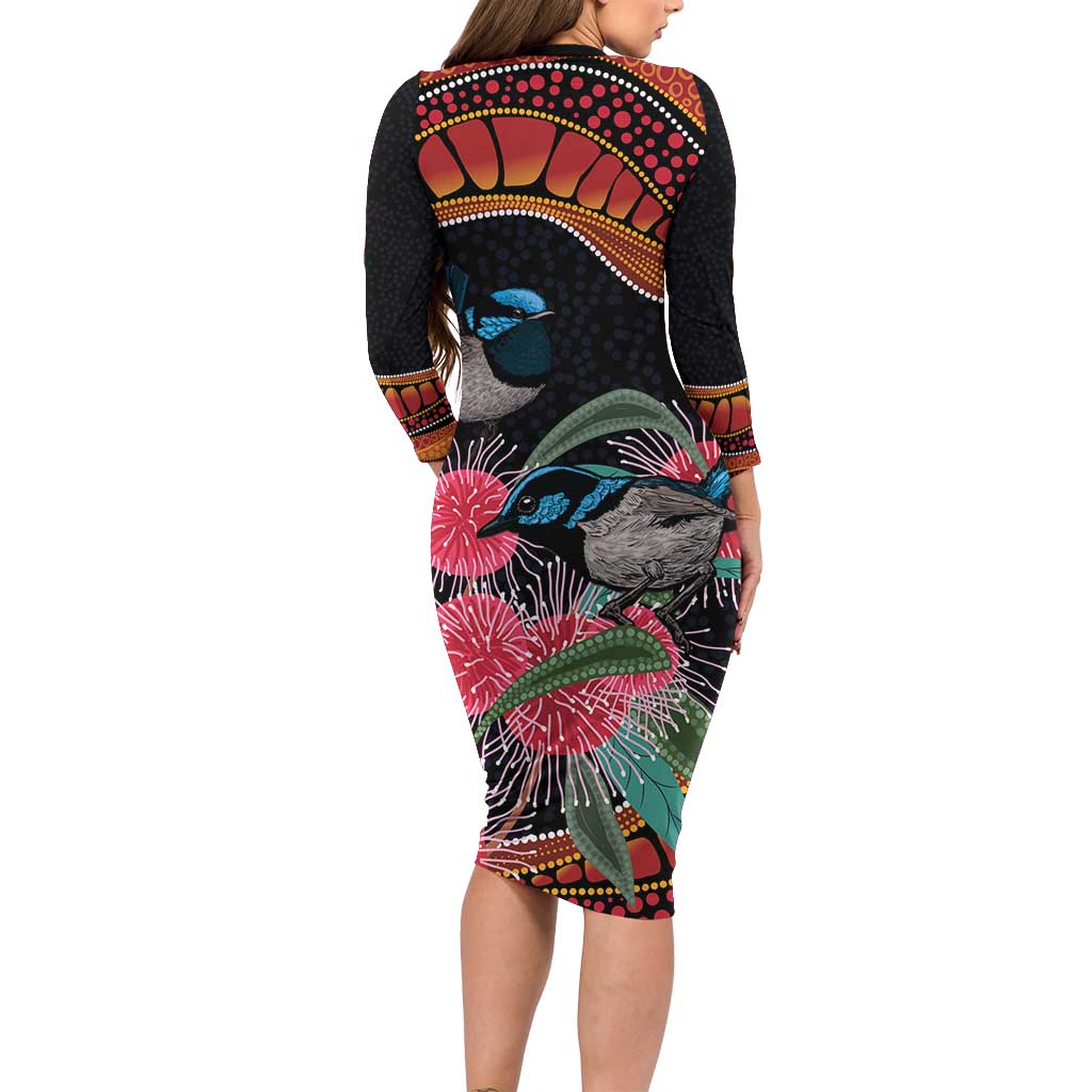 Hakea Flower And Fairy Wren Australia Long Sleeve Bodycon Dress Aboriginal Art