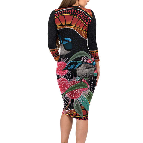 Hakea Flower And Fairy Wren Australia Long Sleeve Bodycon Dress Aboriginal Art