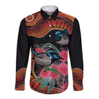 Hakea Flower And Fairy Wren Australia Long Sleeve Button Shirt Aboriginal Art