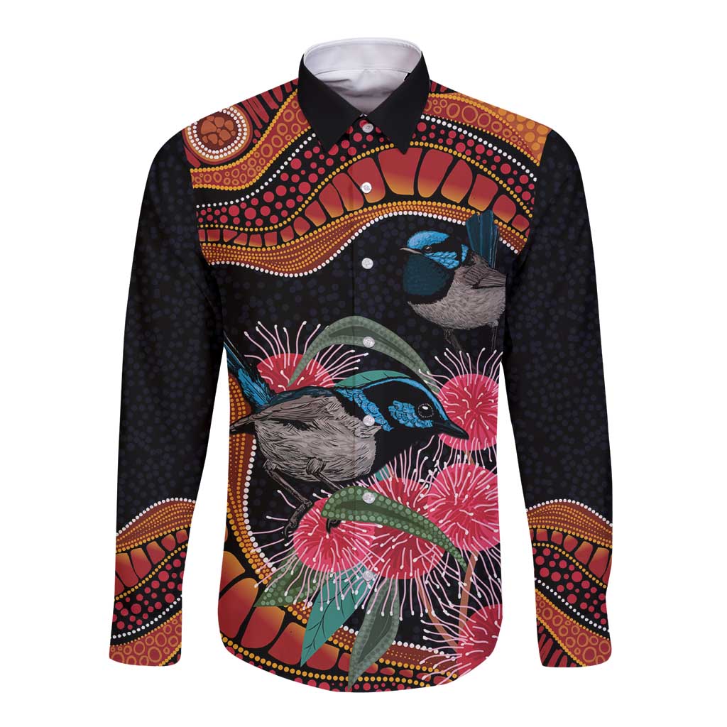 Hakea Flower And Fairy Wren Australia Long Sleeve Button Shirt Aboriginal Art