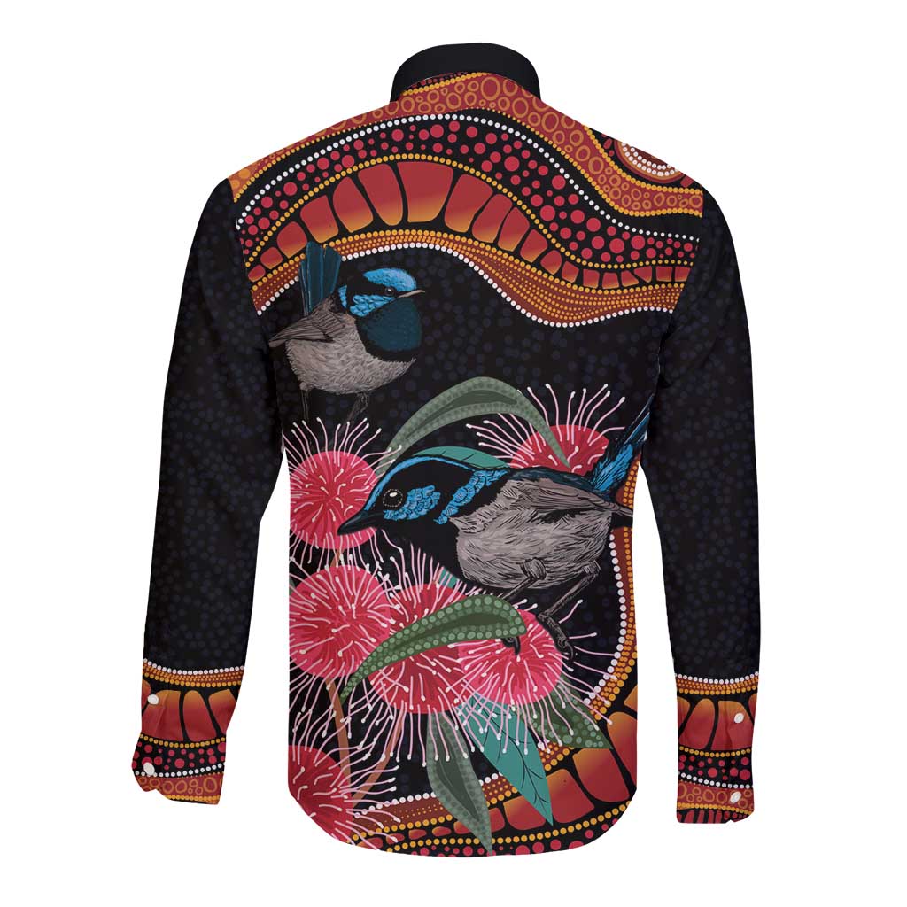Hakea Flower And Fairy Wren Australia Long Sleeve Button Shirt Aboriginal Art
