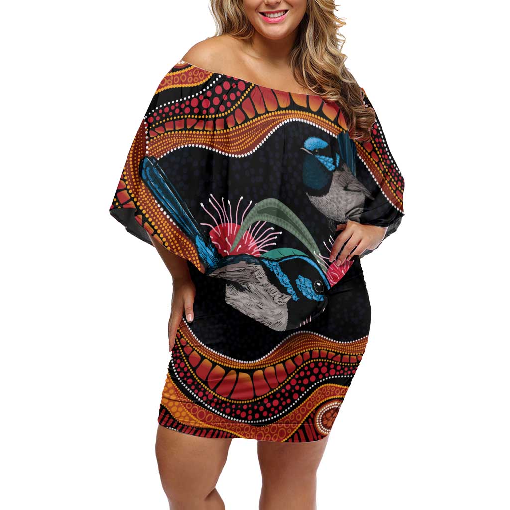 Hakea Flower And Fairy Wren Australia Off Shoulder Short Dress Aboriginal Art