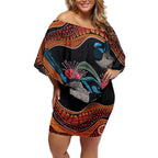 Hakea Flower And Fairy Wren Australia Off Shoulder Short Dress Aboriginal Art