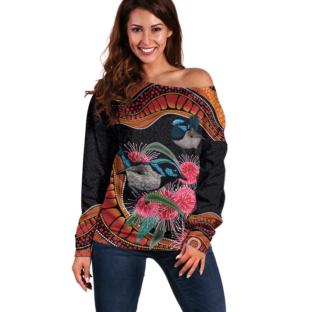 Hakea Flower And Fairy Wren Australia Off Shoulder Sweater Aboriginal Art