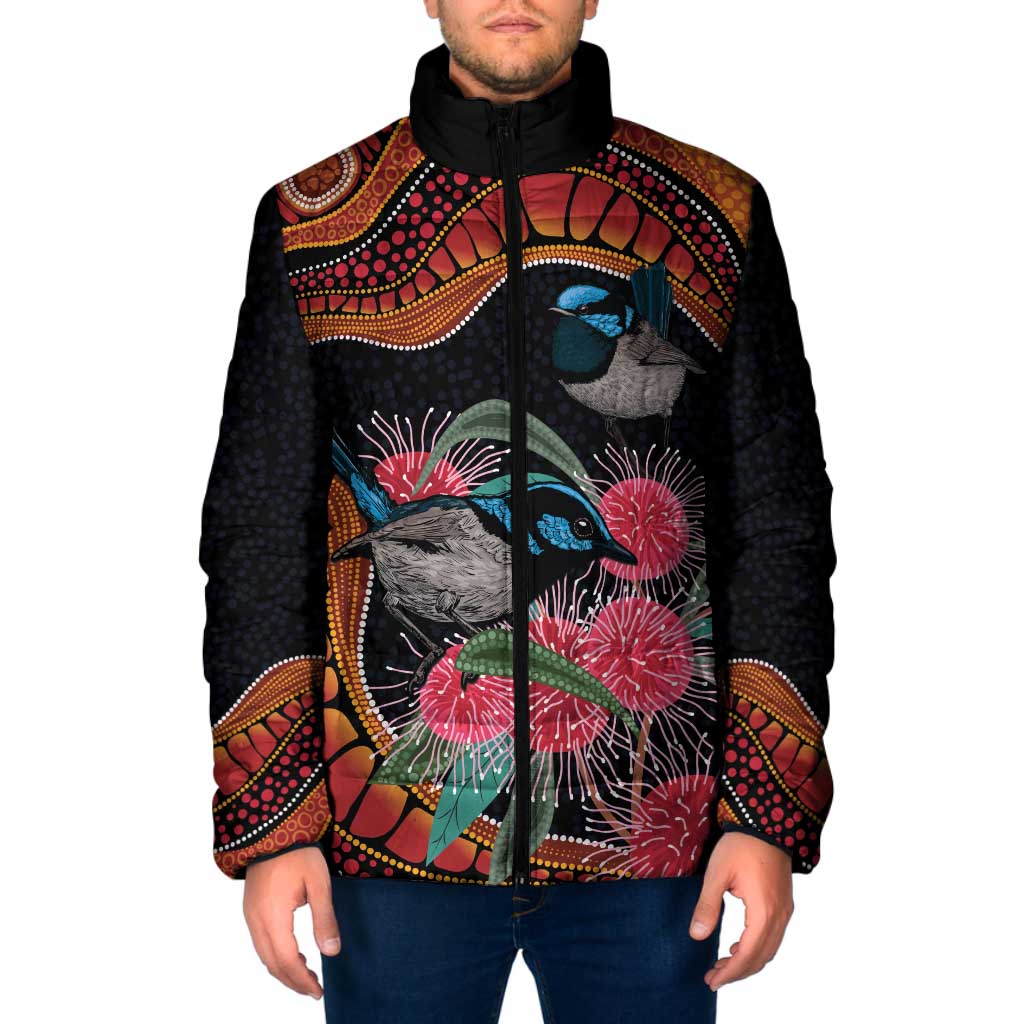 Hakea Flower And Fairy Wren Australia Padded Jacket Aboriginal Art - Aussie Hoodie